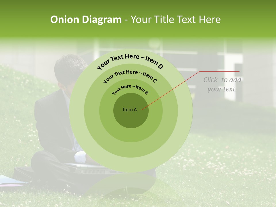 Business Man With Laptop And Notebook Working In The Park In Front Of Office Building PowerPoint Template