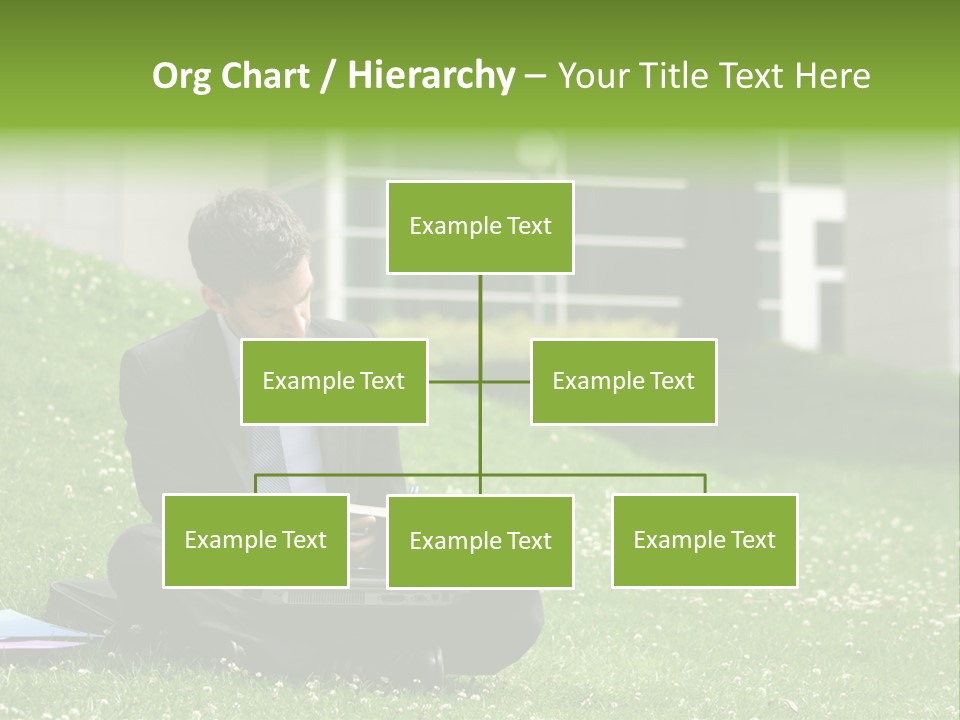 Business Man With Laptop And Notebook Working In The Park In Front Of Office Building PowerPoint Template