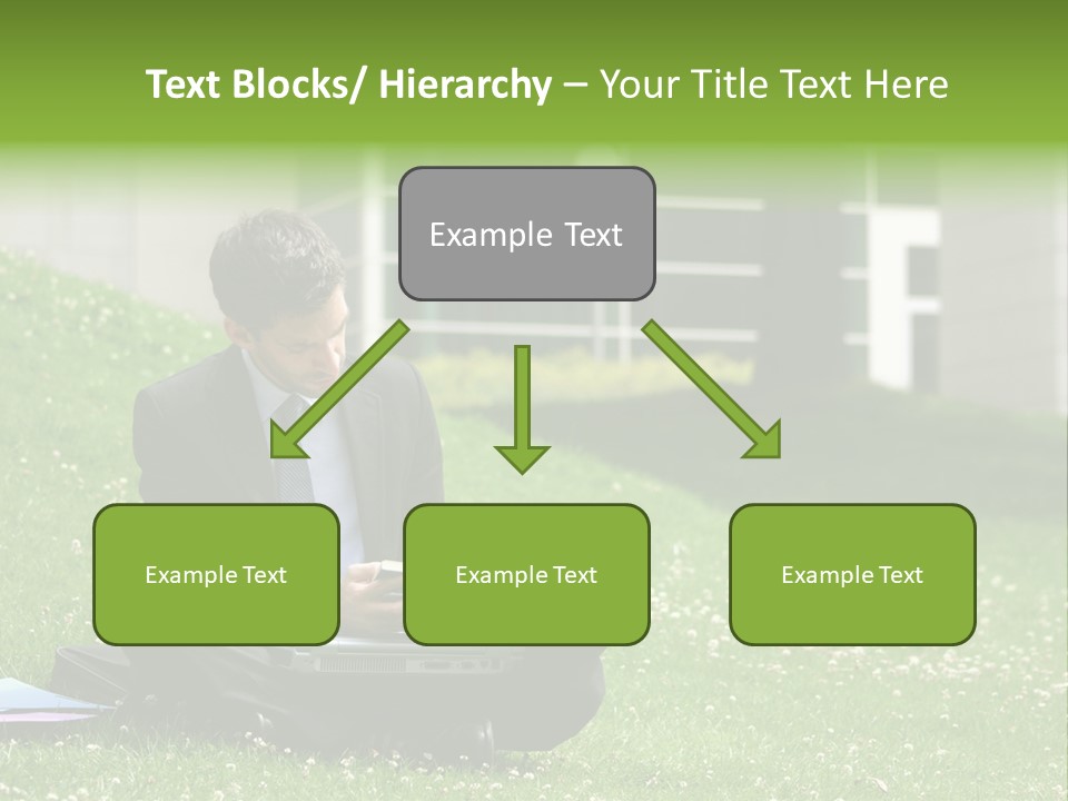 Business Man With Laptop And Notebook Working In The Park In Front Of Office Building PowerPoint Template