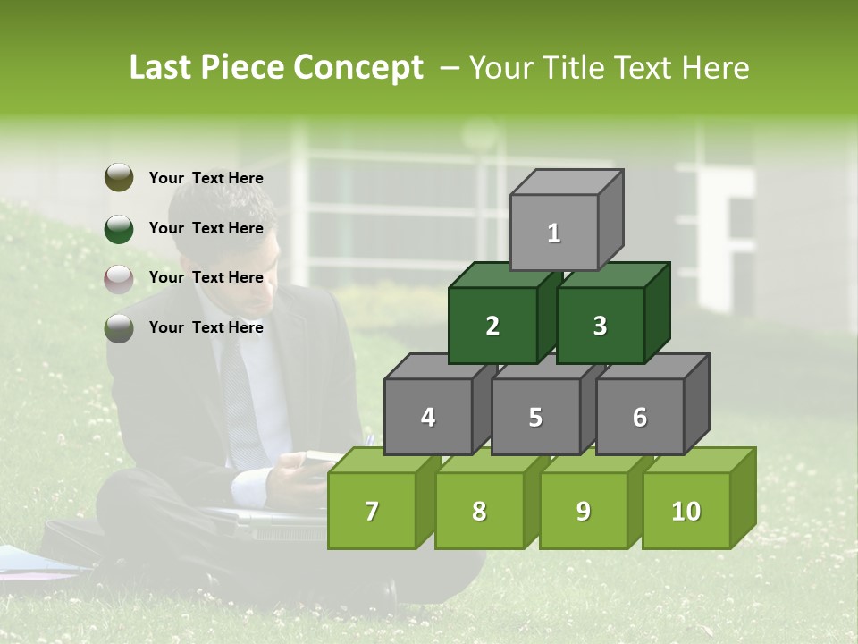 Business Man With Laptop And Notebook Working In The Park In Front Of Office Building PowerPoint Template