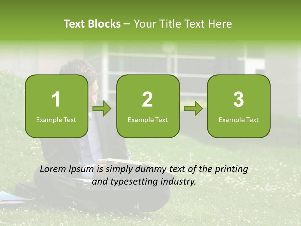 Business Man With Laptop And Notebook Working In The Park In Front Of Office Building PowerPoint Template