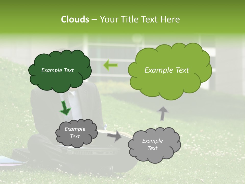 Business Man With Laptop And Notebook Working In The Park In Front Of Office Building PowerPoint Template