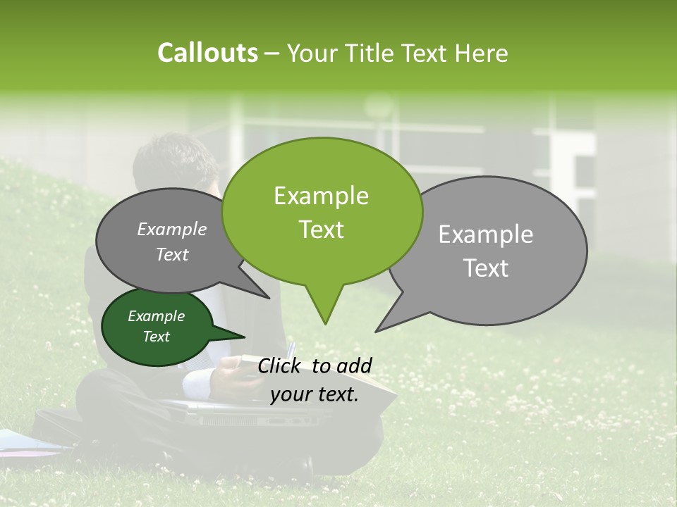 Business Man With Laptop And Notebook Working In The Park In Front Of Office Building PowerPoint Template