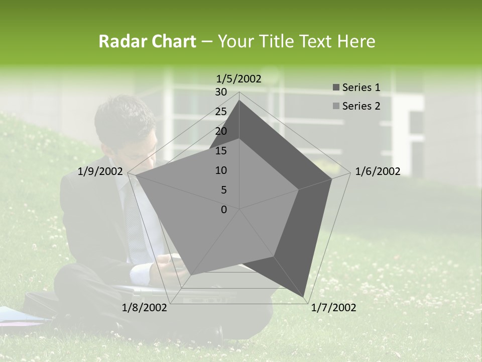 Business Man With Laptop And Notebook Working In The Park In Front Of Office Building PowerPoint Template
