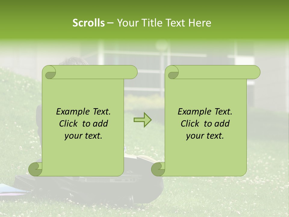 Business Man With Laptop And Notebook Working In The Park In Front Of Office Building PowerPoint Template