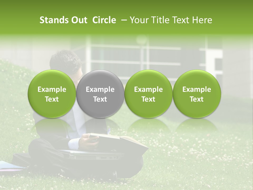 Business Man With Laptop And Notebook Working In The Park In Front Of Office Building PowerPoint Template