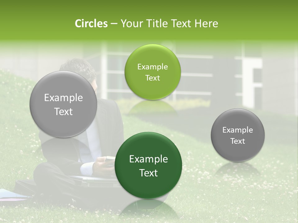 Business Man With Laptop And Notebook Working In The Park In Front Of Office Building PowerPoint Template