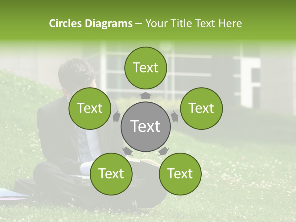 Business Man With Laptop And Notebook Working In The Park In Front Of Office Building PowerPoint Template