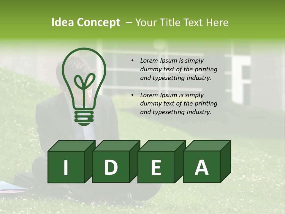 Business Man With Laptop And Notebook Working In The Park In Front Of Office Building PowerPoint Template