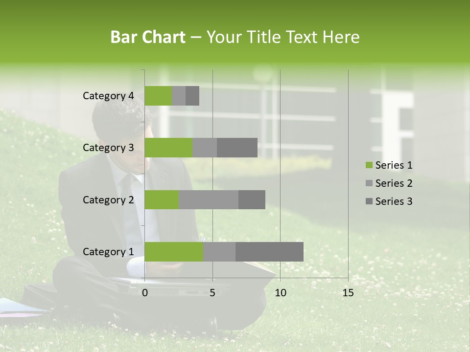 Business Man With Laptop And Notebook Working In The Park In Front Of Office Building PowerPoint Template