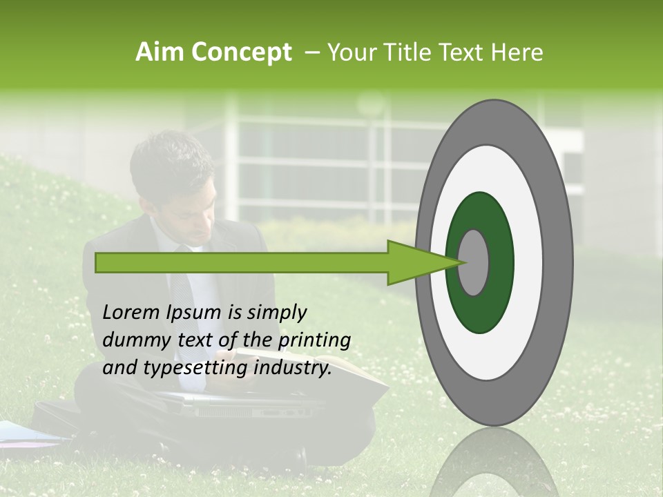 Business Man With Laptop And Notebook Working In The Park In Front Of Office Building PowerPoint Template