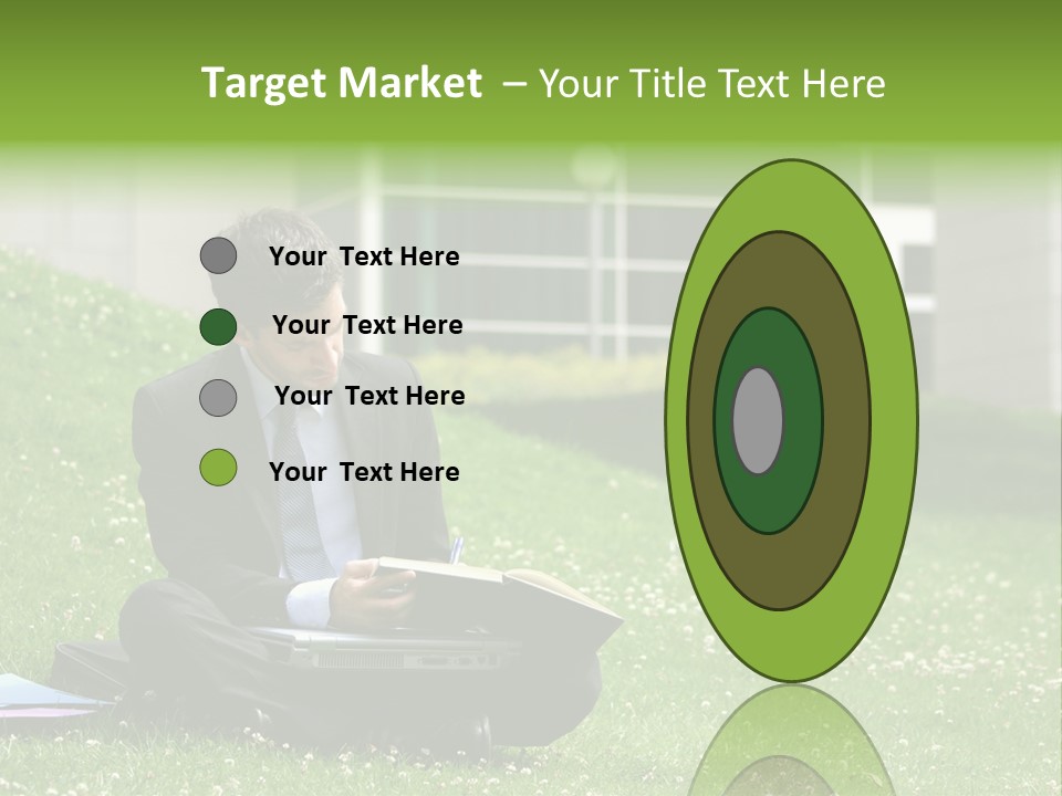 Business Man With Laptop And Notebook Working In The Park In Front Of Office Building PowerPoint Template