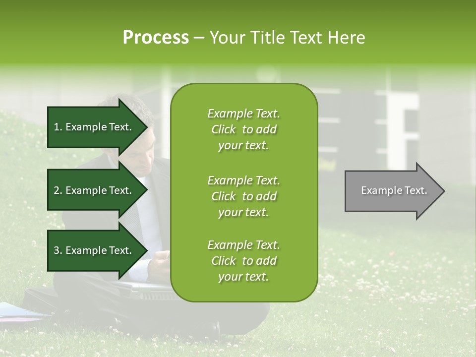 Business Man With Laptop And Notebook Working In The Park In Front Of Office Building PowerPoint Template