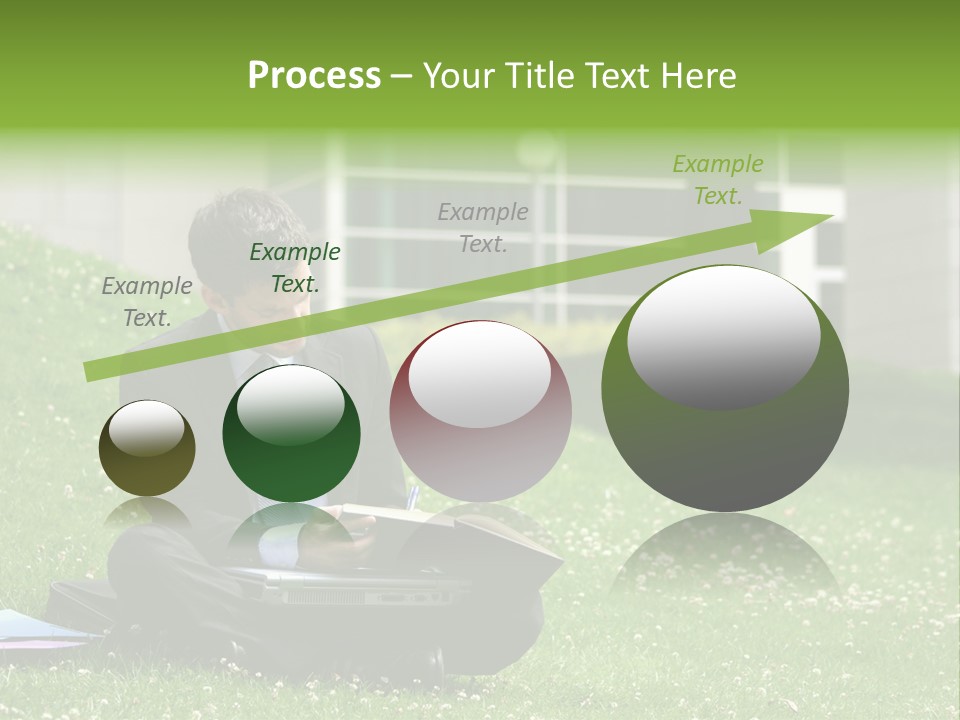 Business Man With Laptop And Notebook Working In The Park In Front Of Office Building PowerPoint Template