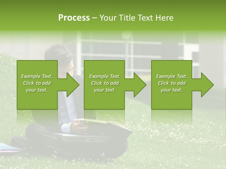 Business Man With Laptop And Notebook Working In The Park In Front Of Office Building PowerPoint Template