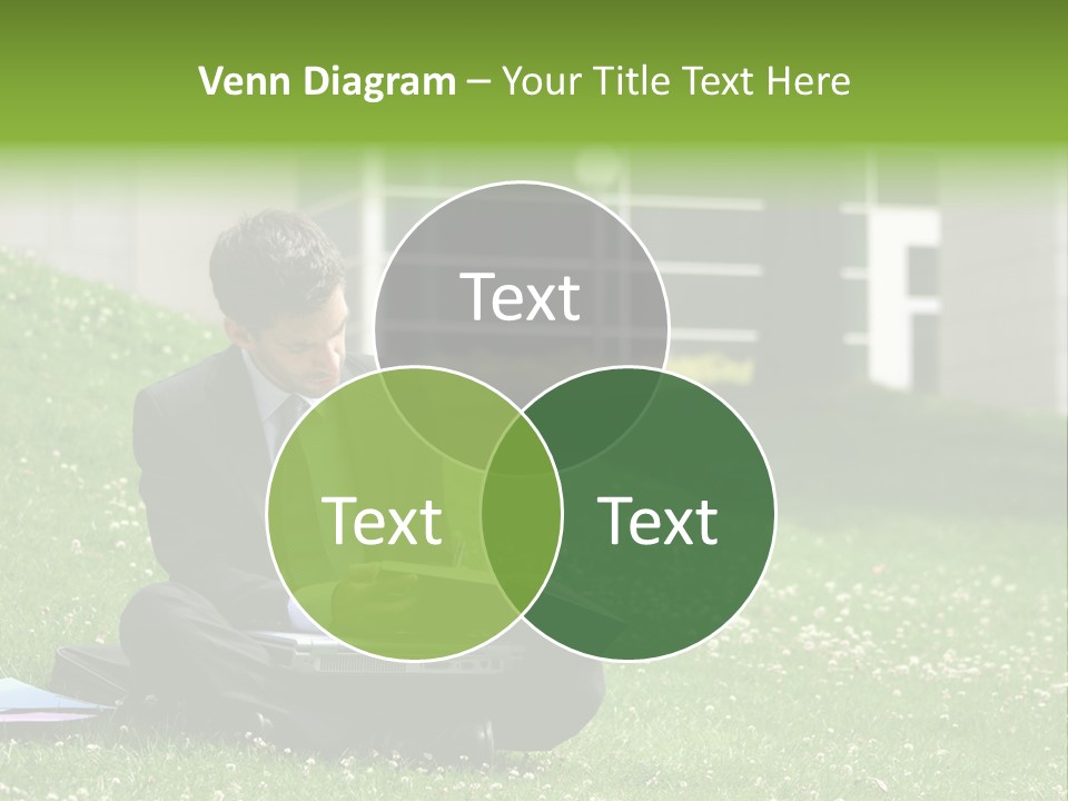 Business Man With Laptop And Notebook Working In The Park In Front Of Office Building PowerPoint Template