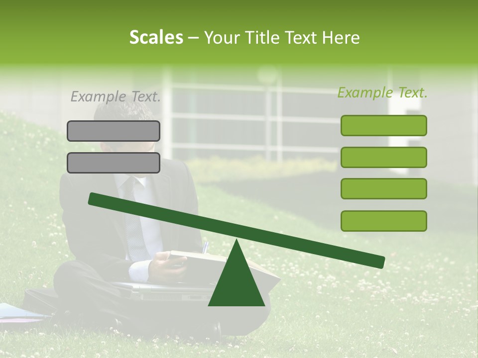 Business Man With Laptop And Notebook Working In The Park In Front Of Office Building PowerPoint Template