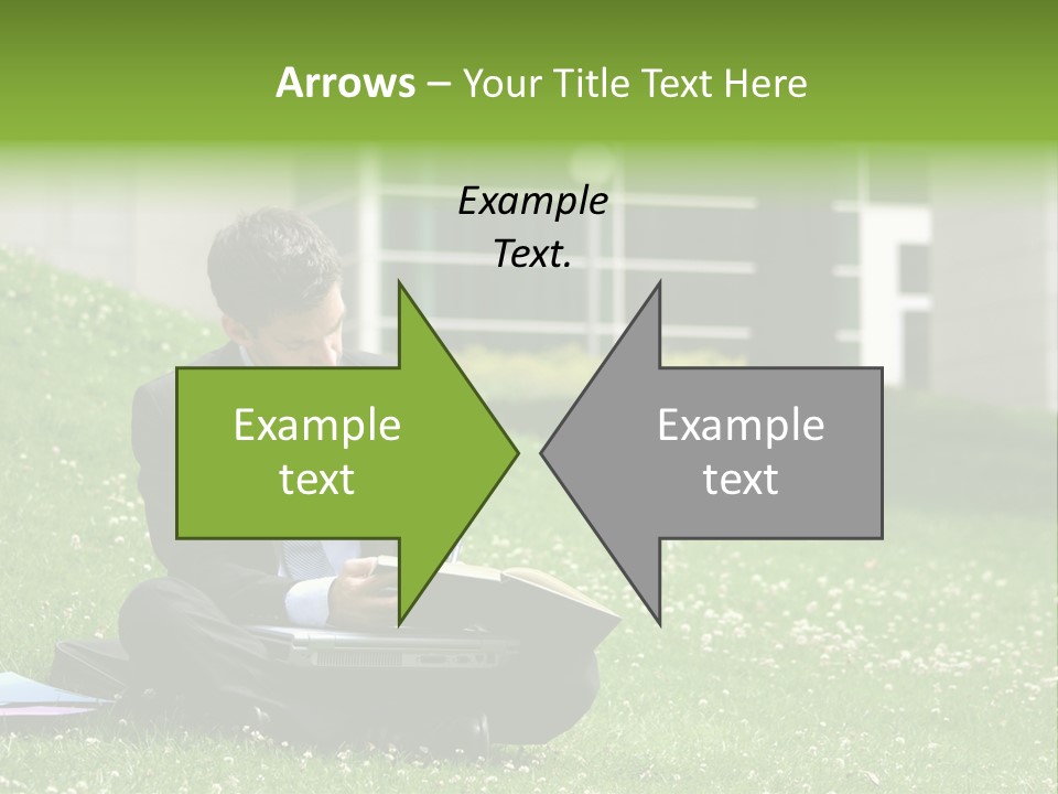 Business Man With Laptop And Notebook Working In The Park In Front Of Office Building PowerPoint Template