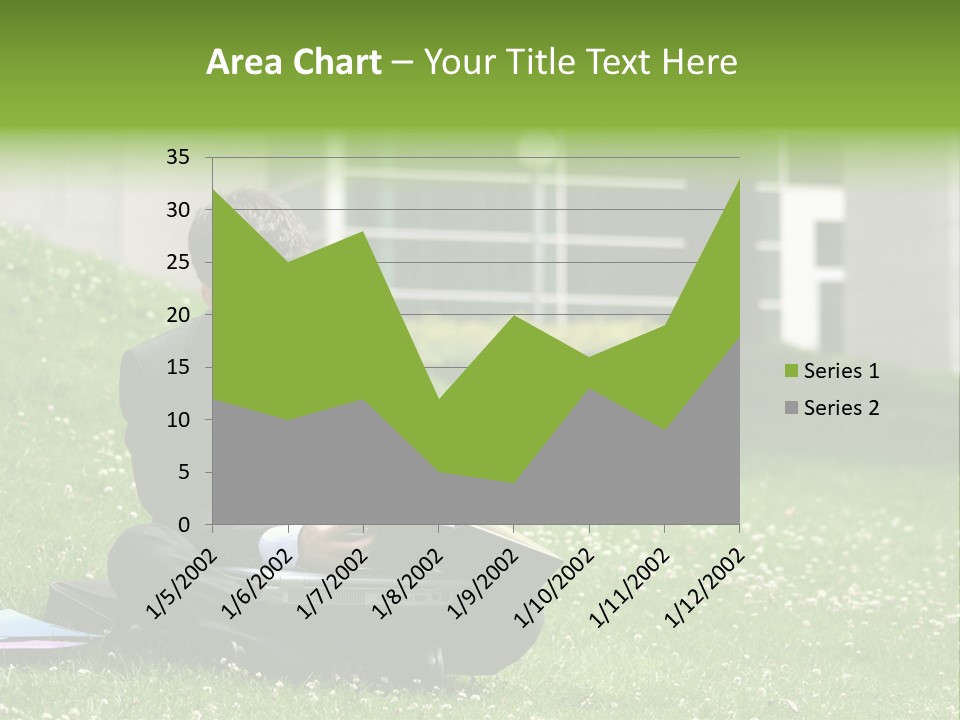 Business Man With Laptop And Notebook Working In The Park In Front Of Office Building PowerPoint Template