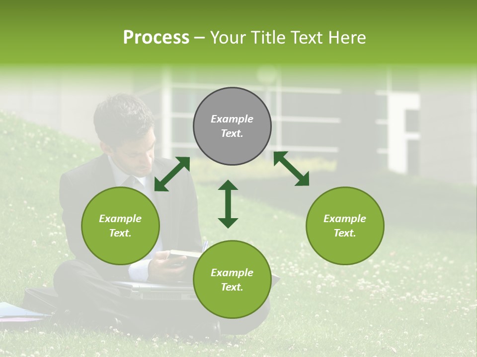 Business Man With Laptop And Notebook Working In The Park In Front Of Office Building PowerPoint Template