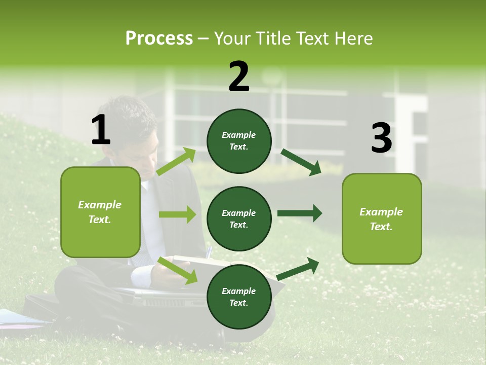 Business Man With Laptop And Notebook Working In The Park In Front Of Office Building PowerPoint Template