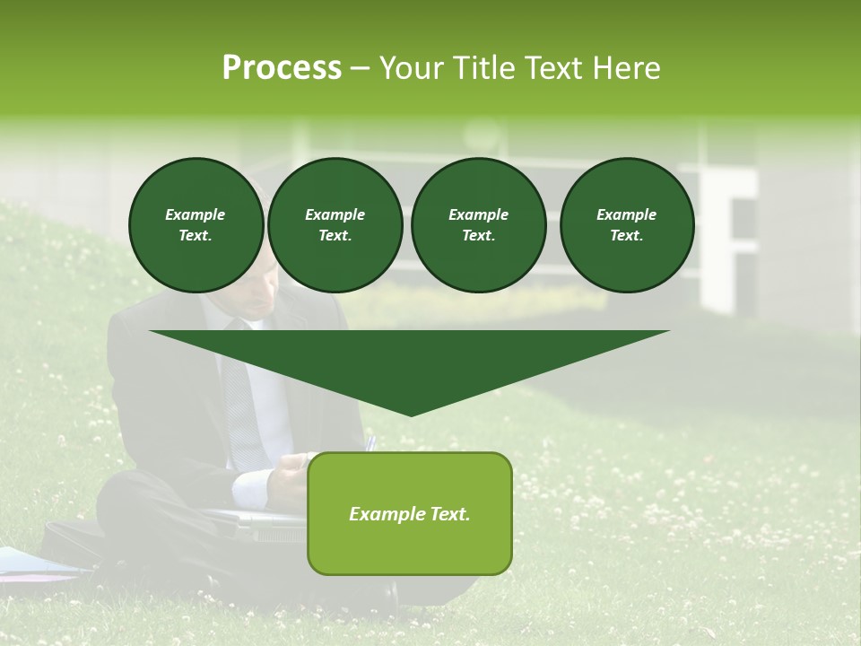 Business Man With Laptop And Notebook Working In The Park In Front Of Office Building PowerPoint Template