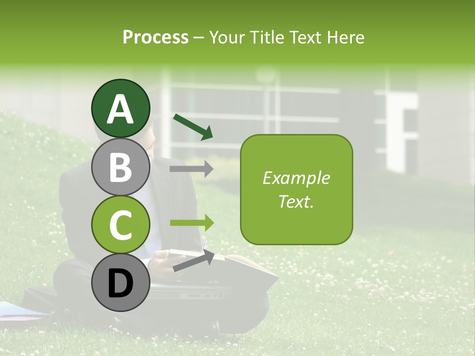 Business Man With Laptop And Notebook Working In The Park In Front Of Office Building PowerPoint Template