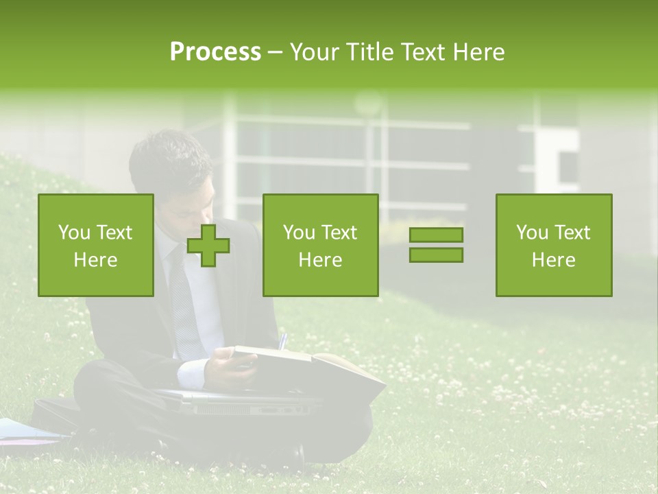 Business Man With Laptop And Notebook Working In The Park In Front Of Office Building PowerPoint Template