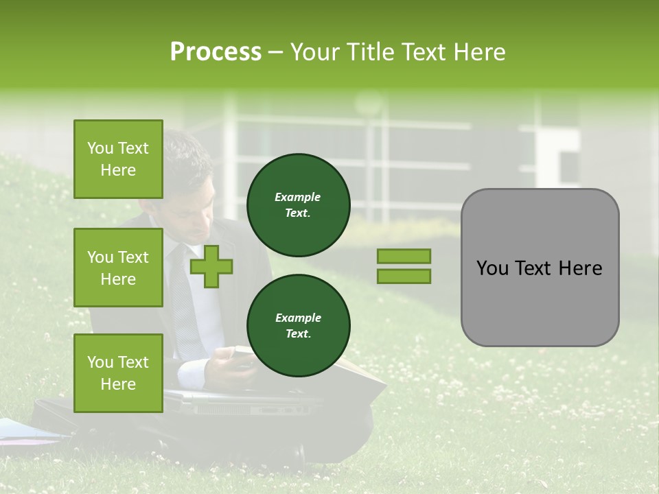 Business Man With Laptop And Notebook Working In The Park In Front Of Office Building PowerPoint Template