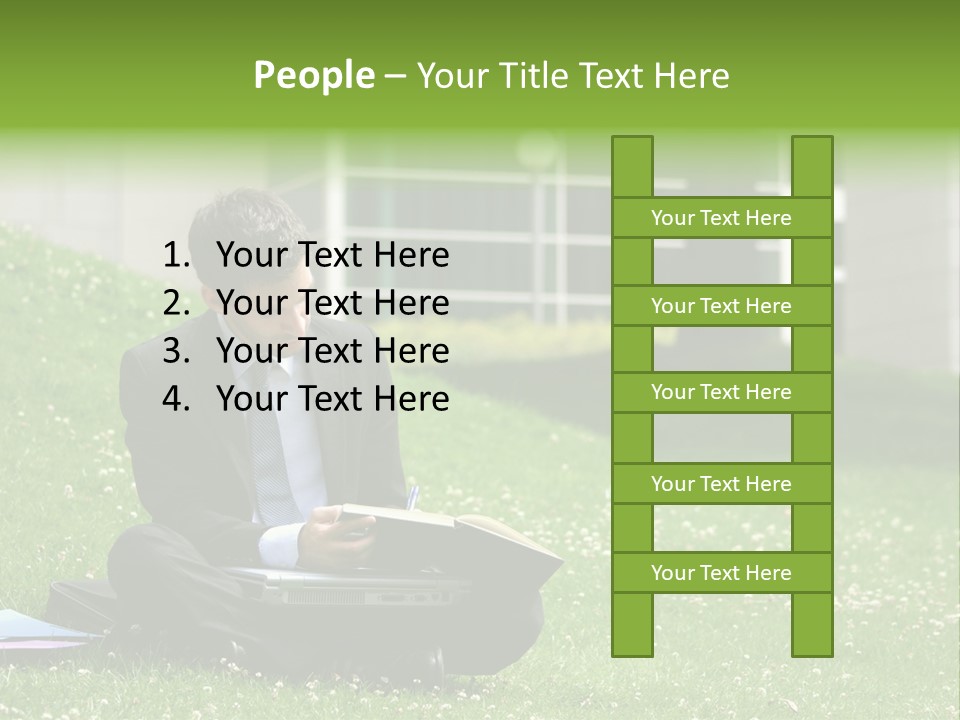 Business Man With Laptop And Notebook Working In The Park In Front Of Office Building PowerPoint Template