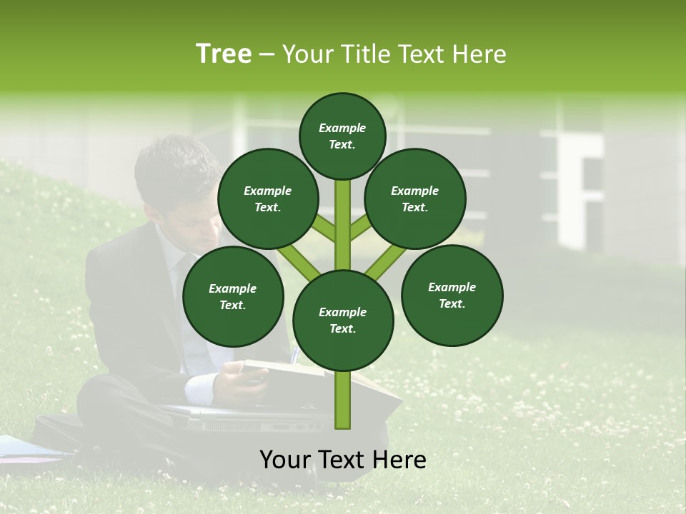 Business Man With Laptop And Notebook Working In The Park In Front Of Office Building PowerPoint Template