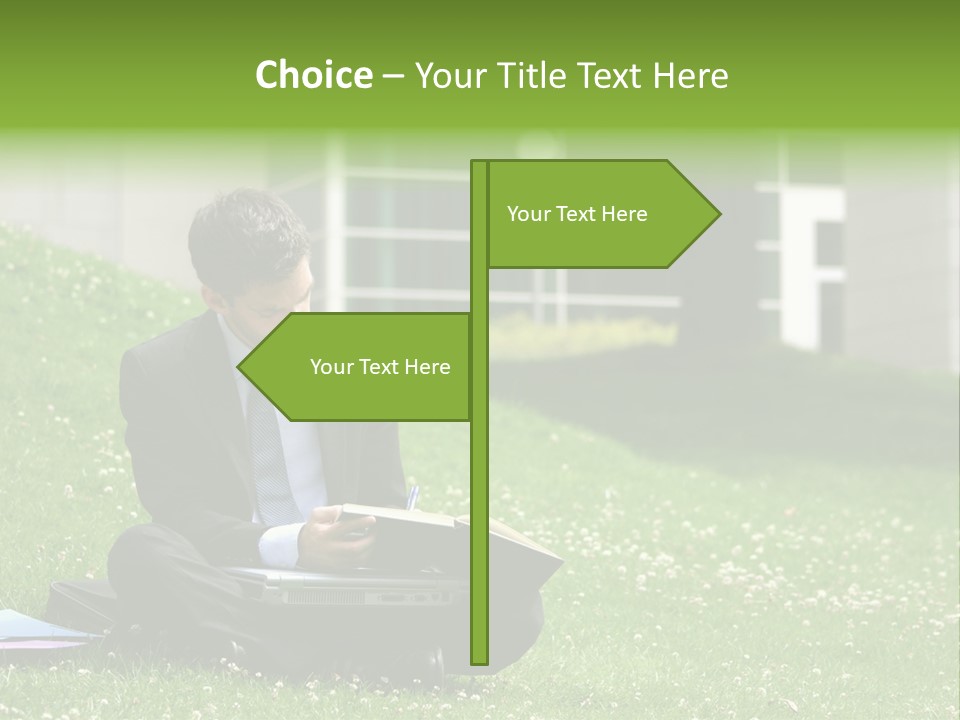 Business Man With Laptop And Notebook Working In The Park In Front Of Office Building PowerPoint Template