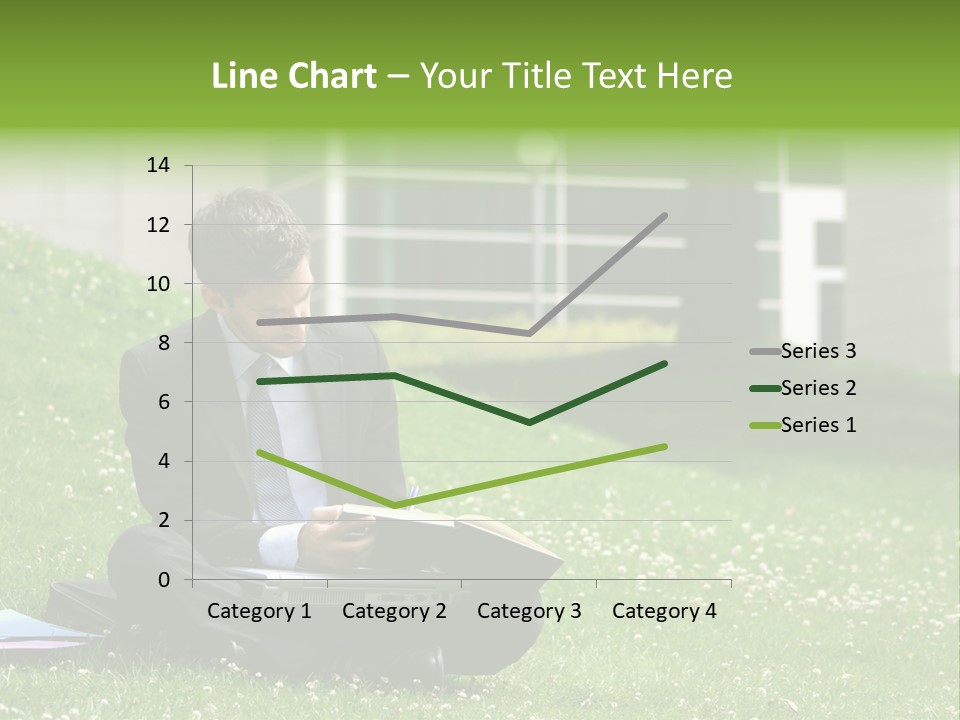 Business Man With Laptop And Notebook Working In The Park In Front Of Office Building PowerPoint Template