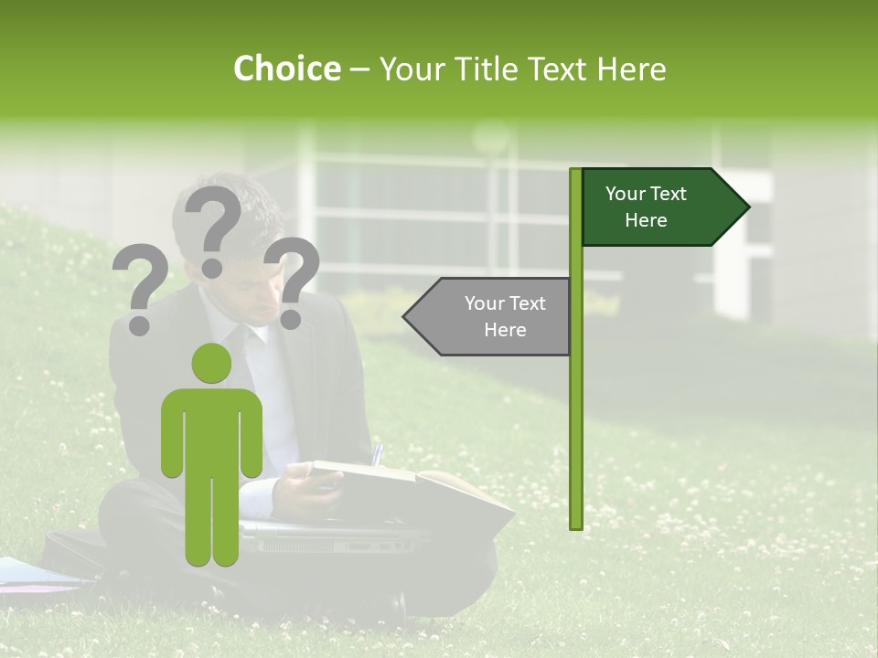 Business Man With Laptop And Notebook Working In The Park In Front Of Office Building PowerPoint Template