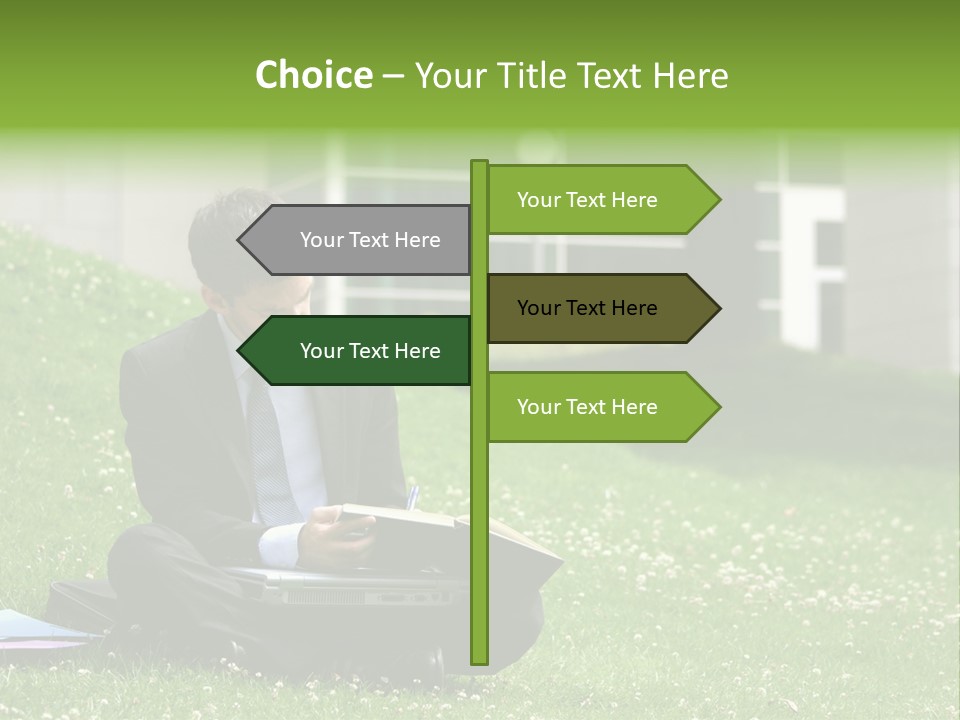 Business Man With Laptop And Notebook Working In The Park In Front Of Office Building PowerPoint Template