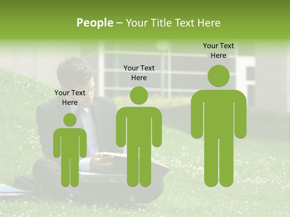 Business Man With Laptop And Notebook Working In The Park In Front Of Office Building PowerPoint Template