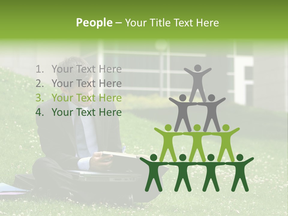 Business Man With Laptop And Notebook Working In The Park In Front Of Office Building PowerPoint Template