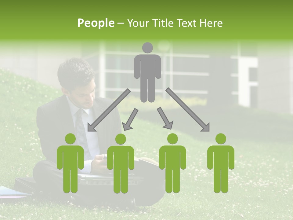 Business Man With Laptop And Notebook Working In The Park In Front Of Office Building PowerPoint Template