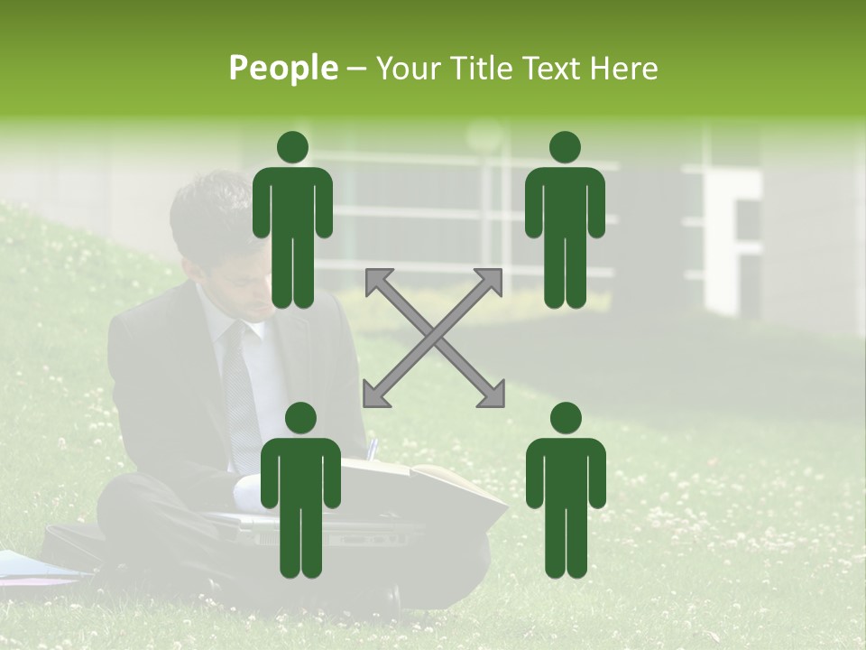 Business Man With Laptop And Notebook Working In The Park In Front Of Office Building PowerPoint Template