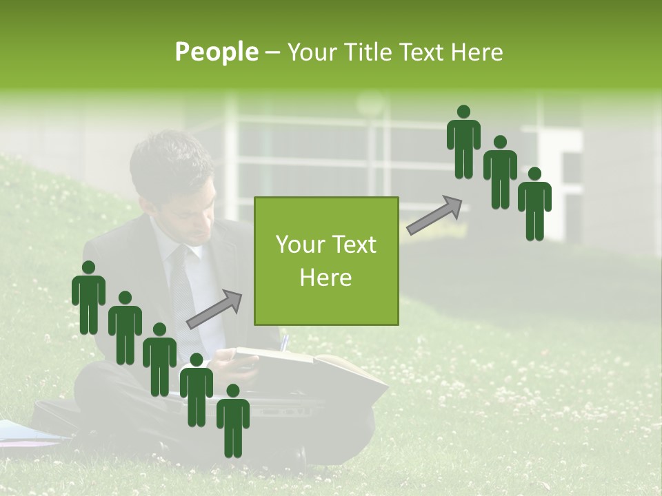 Business Man With Laptop And Notebook Working In The Park In Front Of Office Building PowerPoint Template