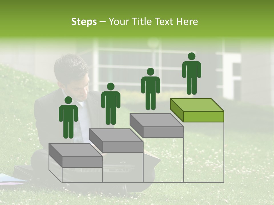 Business Man With Laptop And Notebook Working In The Park In Front Of Office Building PowerPoint Template