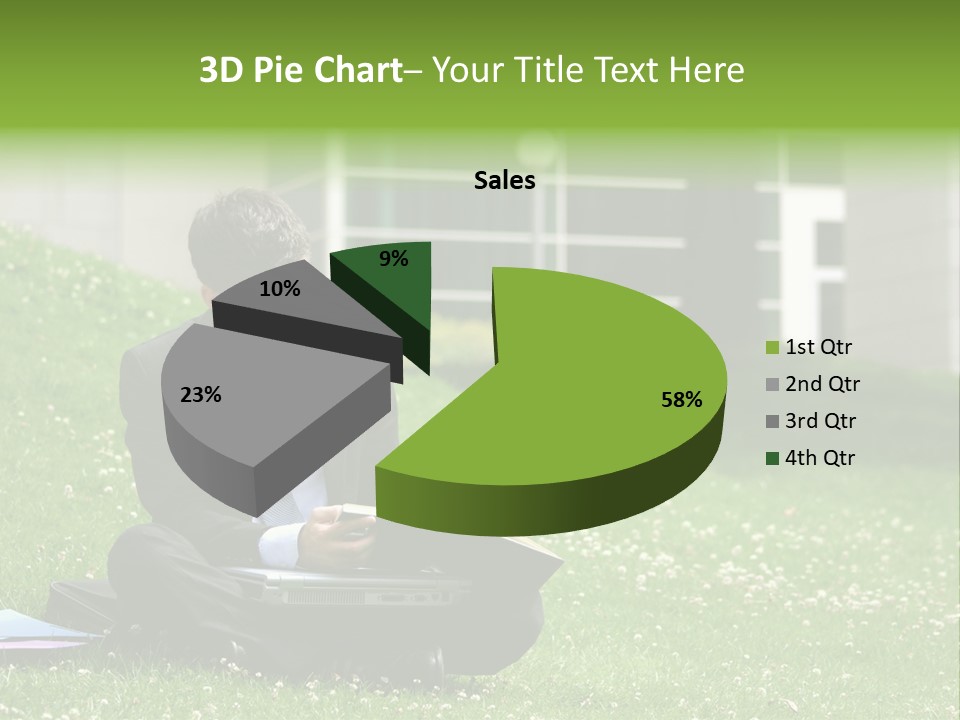 Business Man With Laptop And Notebook Working In The Park In Front Of Office Building PowerPoint Template