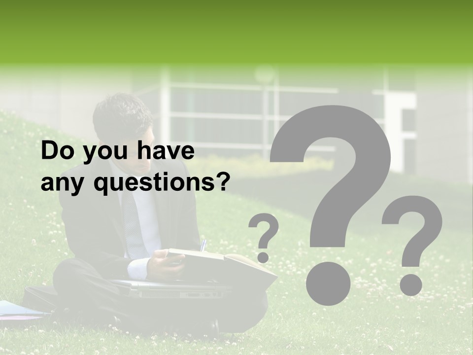 Business Man With Laptop And Notebook Working In The Park In Front Of Office Building PowerPoint Template