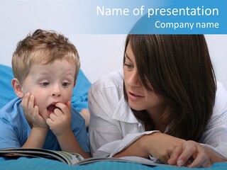 Mother And Three Years Old Boy Reading Book - Good Night PowerPoint Template