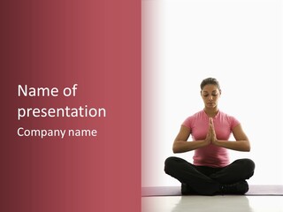 Mid  Multiethnic Woman Sitting In Namaste Position On Exercise Mat With Eyes Closed And Hands At Heart Center. PowerPoint Template