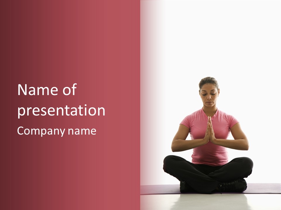 Mid  Multiethnic Woman Sitting In Namaste Position On Exercise Mat With Eyes Closed And Hands At Heart Center. PowerPoint Template