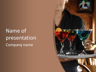 3 Colorful Drinks On A Serving Tray With Waitress PowerPoint Template