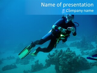 Diver With Camera In Deep. Underwater Photographer PowerPoint Template