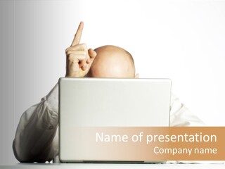 Business Man Hidden Behind Laptop Computer With Finger Raised Above Bald Head In An Aha Moment. PowerPoint Template