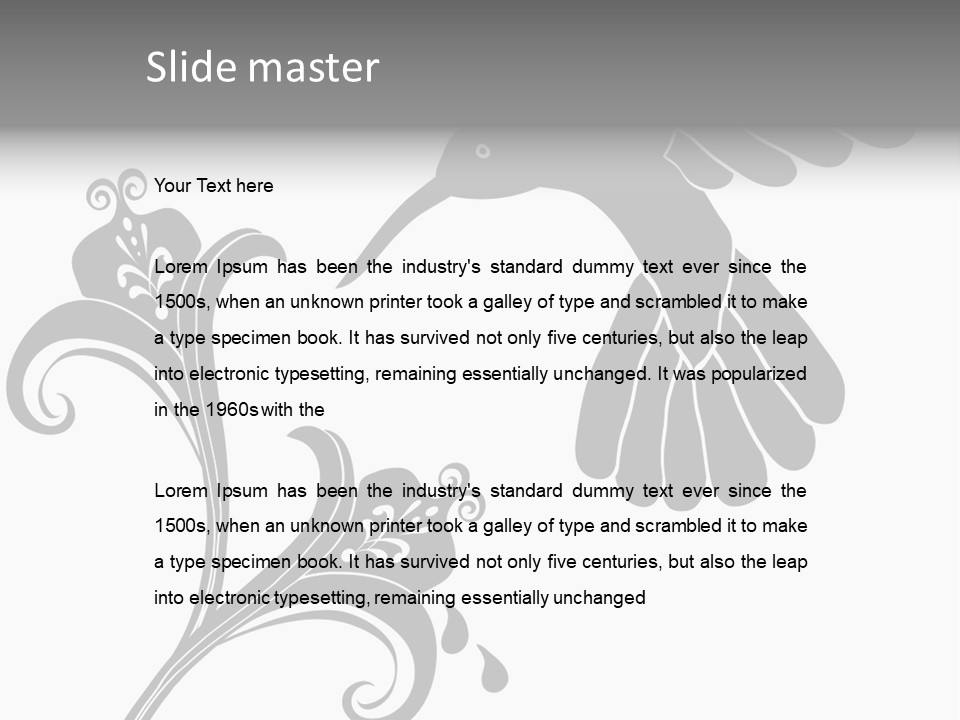 Unique Hummingbird And Flower Graphic Useful As Decoration And Ornament. Black Designs On A White Background. PowerPoint Template